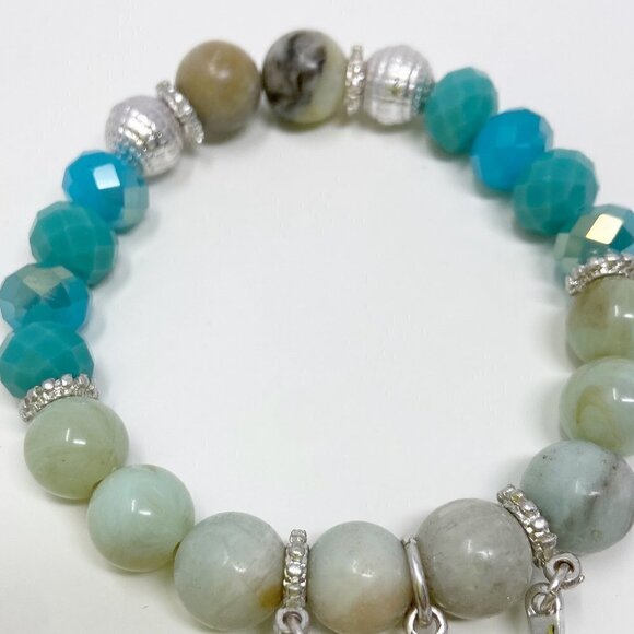 Blue Beaded Stretch Bracelet w/Cross, Fish Cross Ichthus Charms - Picture 4 of 4